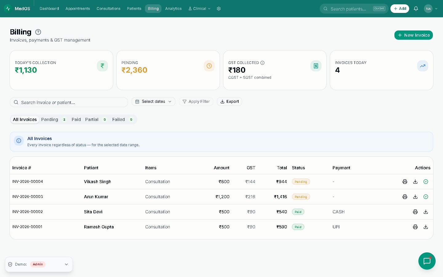 Billing & Insurance — MedOS screenshot