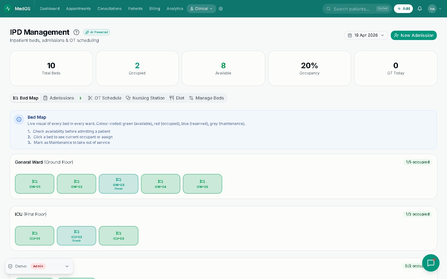 IPD & Bed Management — MedOS screenshot