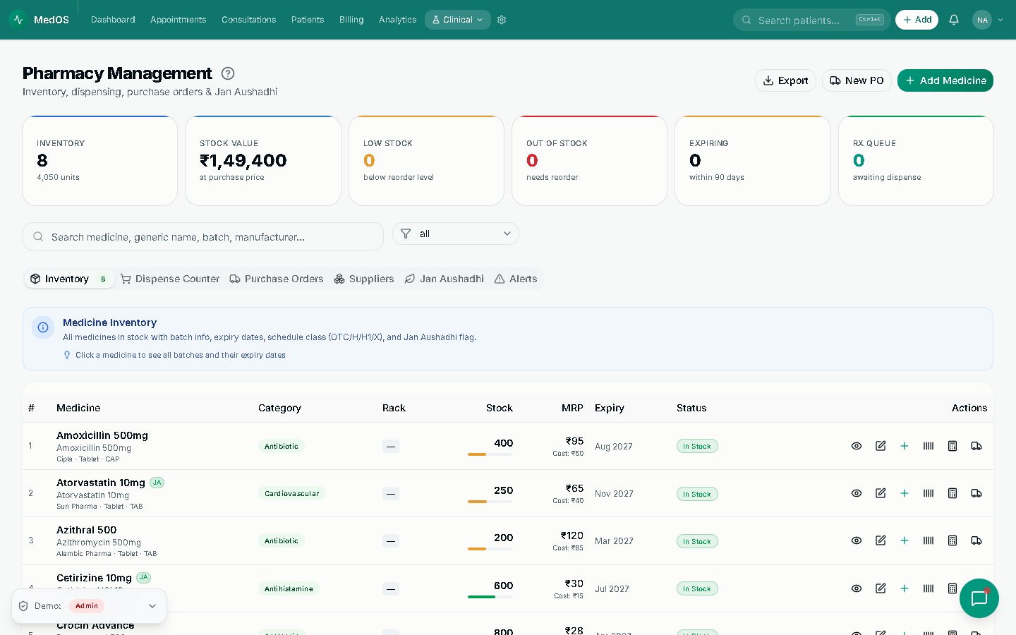 Pharmacy Management — MedOS screenshot